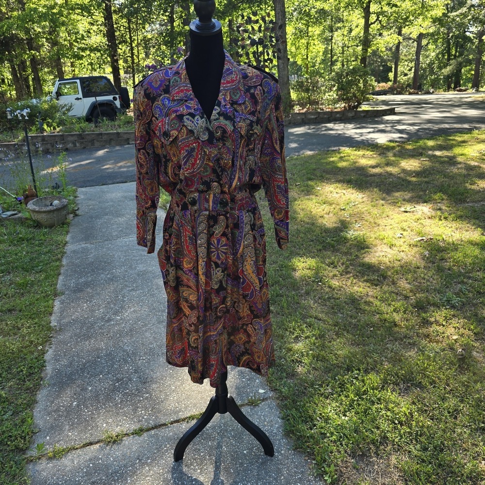 Vintage SL Fashions Paisley Midi‎ Dress Womens Safari Style Button Front Size 16